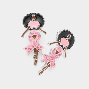 Pink Ribbon Rhinestone Bow Cancer Woman Stud Earrings Fashion Accessory Silver
